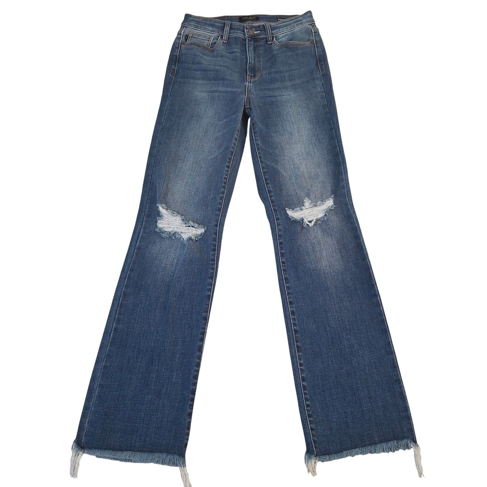Judy Blue Straight Fit Jeans Size 5/27 Medium Wash High Rise Distressed Raw Hem
